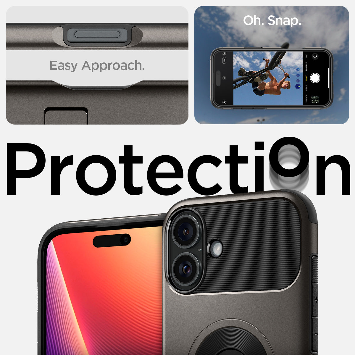 ACS08097 - iPhone 16 Plus Case Slim Armor (MagFit) in Gunmetal showing the partial front and back, easy approach