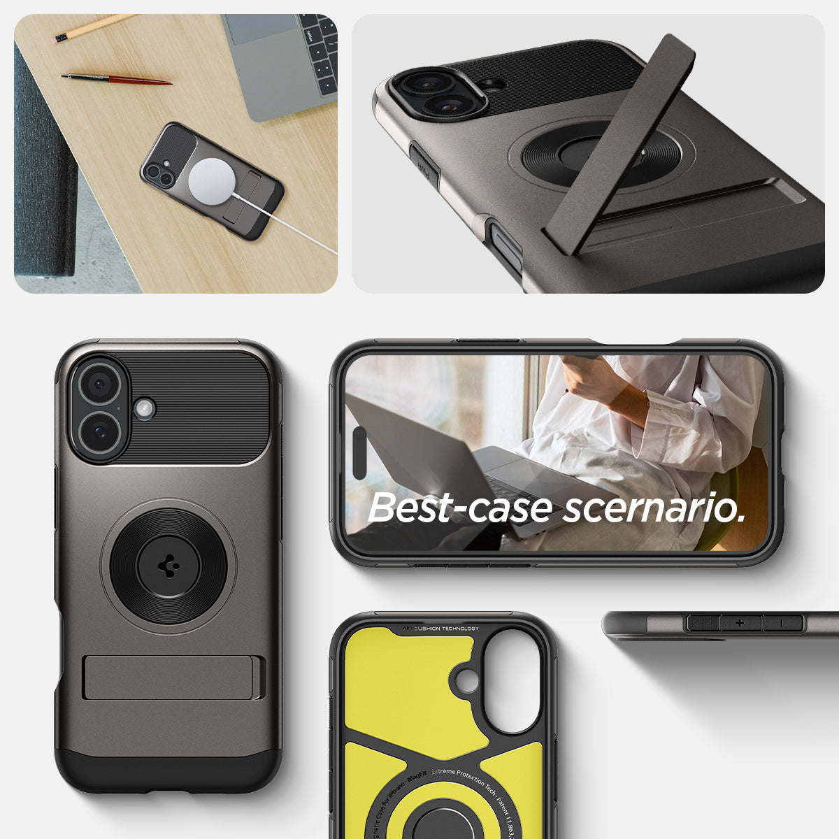 ACS08097 - iPhone 16 Plus Case Slim Armor (MagFit) in Gunmetal showing the different angles