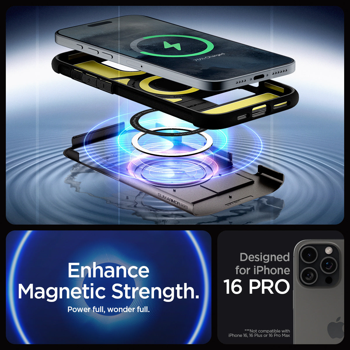 ACS08163 - iPhone 16 Pro Case Slim Armor (MagFit) in Gunmetal showing the enhanced magnetic strength. Designed for iPhone 16 PRO. Not compatible with iPhone 16, 16 Plus or 16 Pro Max