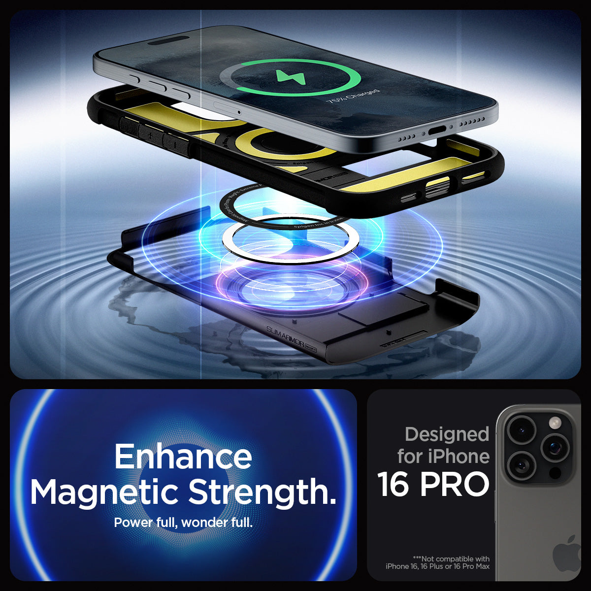 ACS08164 - iPhone 16 Pro Case Slim Armor (MagFit) in Black showing the enhanced magnetic strength. Designed for iPhone 16 PRO. Not compatible with iPhone 16, 16 Plus or 16 Pro Max