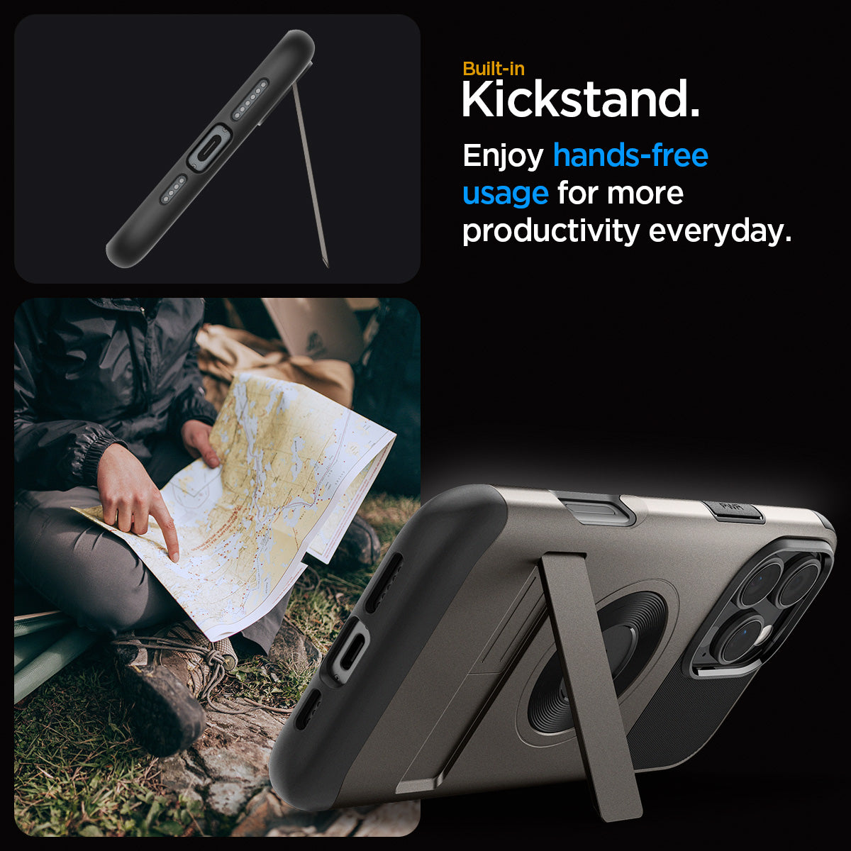 ACS08163 - iPhone 16 Pro Case Slim Armor (MagFit) in Gunmetal showing the built-in kickstand. Enjoy hands-free usage for more productivity everyday