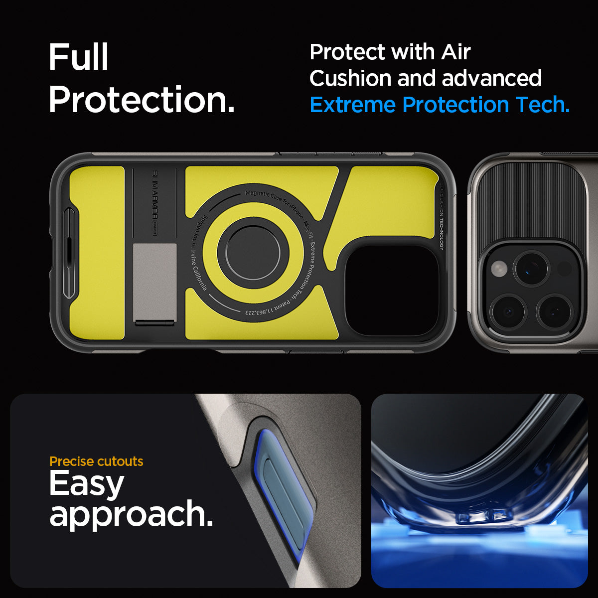 ACS08163 - iPhone 16 Pro Case Slim Armor (MagFit) in Gunmetal showing the full protection. Protect with Air Cushion and advanced Extreme Protection Tech. Precise cutouts, easy approach