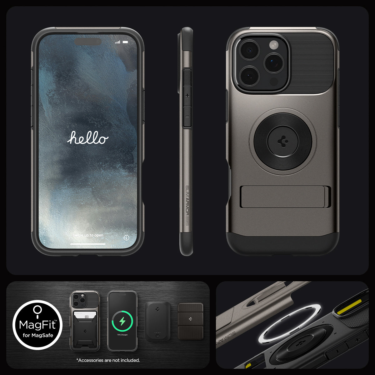 ACS08163 - iPhone 16 Pro Case Slim Armor (MagFit) in Gunmetal showing the different angles
