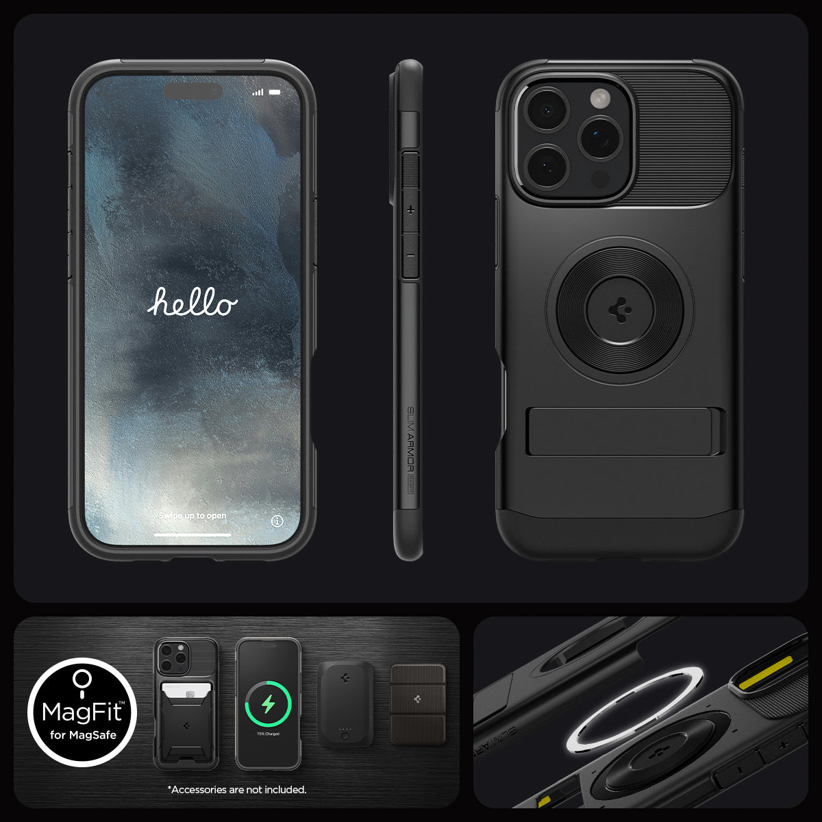 ACS08164 - iPhone 16 Pro Case Slim Armor (MagFit) in Black showing the different angles