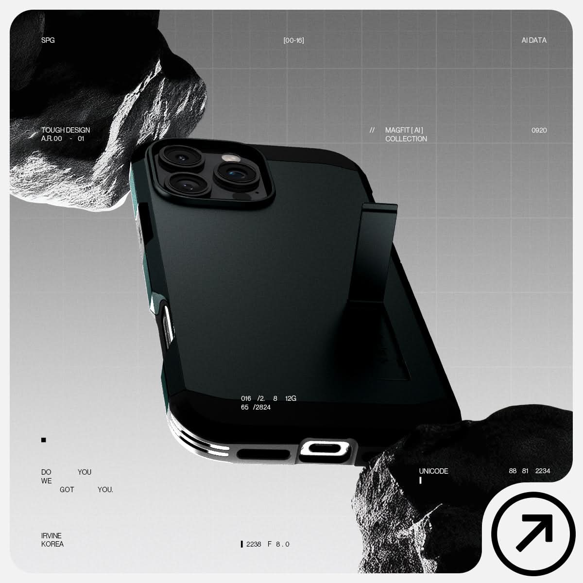 ACS08148 - iPhone 16 Pro Case Tough Armor AI (MagFit) in Abyss Green has tough design and showing between the rock.