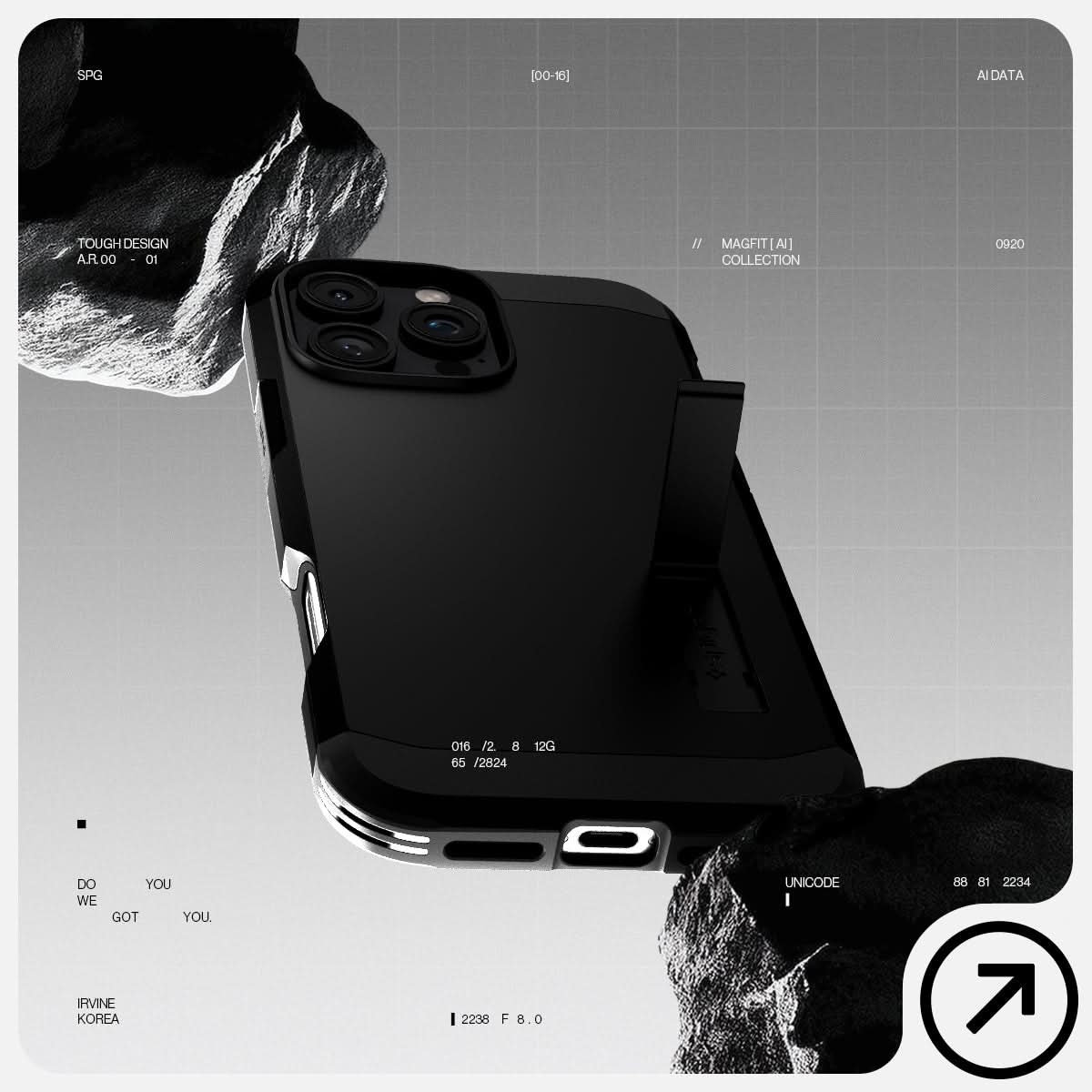 ACS08146 - iPhone 16 Pro Case Tough Armor AI (MagFit) in Black has tough design and showing between the rock.