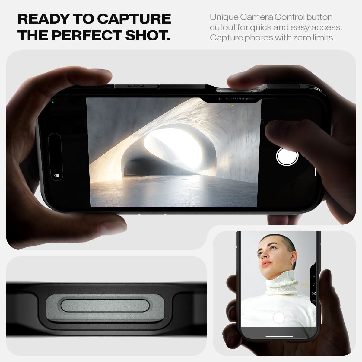 ACS08146 - iPhone 16 Pro Case Tough Armor AI (MagFit) in Black ready to capture the perfect shot. Unique camera a control button cutout for quick and easy access capture photos with zero limits.