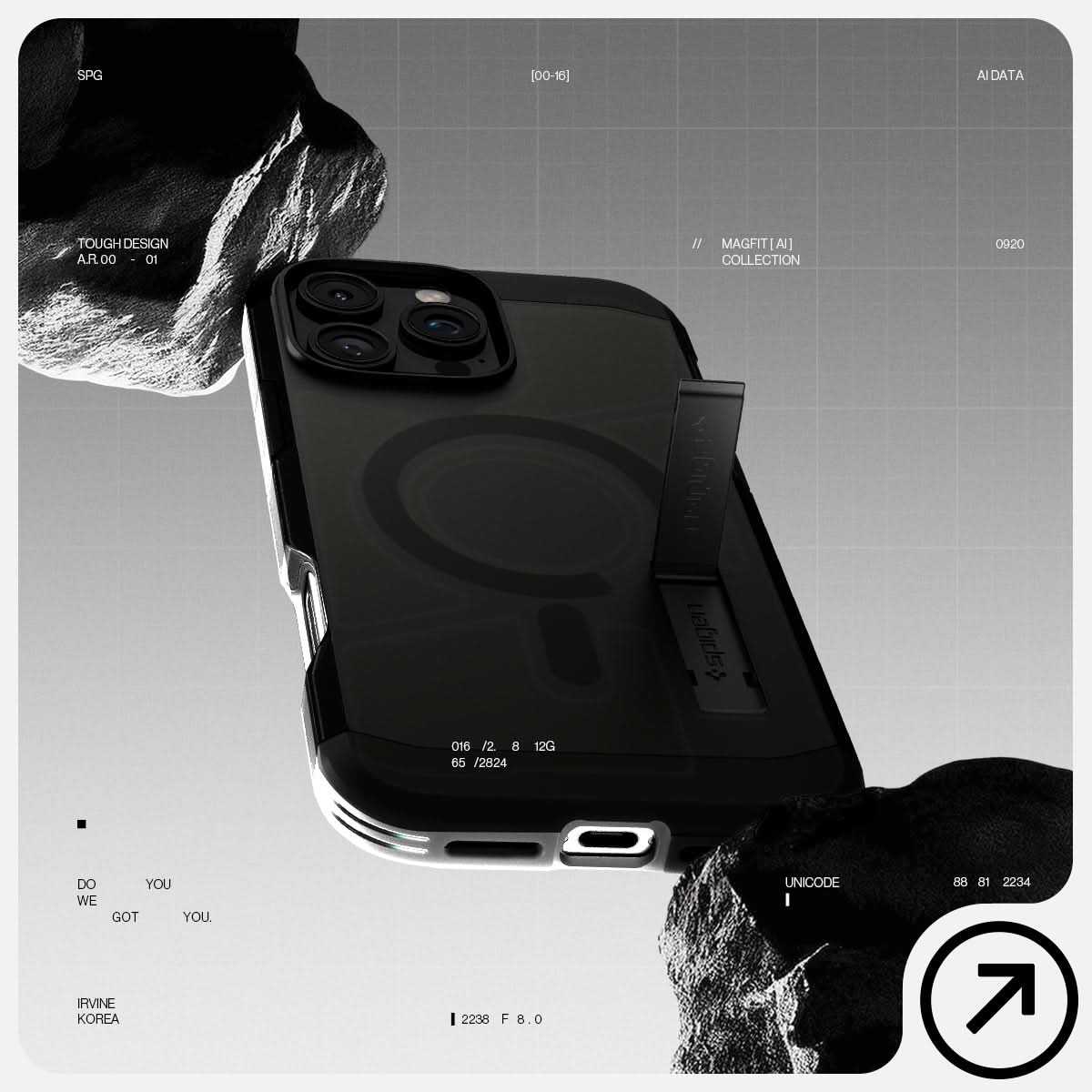 ACS08502 - iPhone 16 Pro Max Case Tough Armor AI (MagFit) in Frost Black has tough design and showing between the rock.