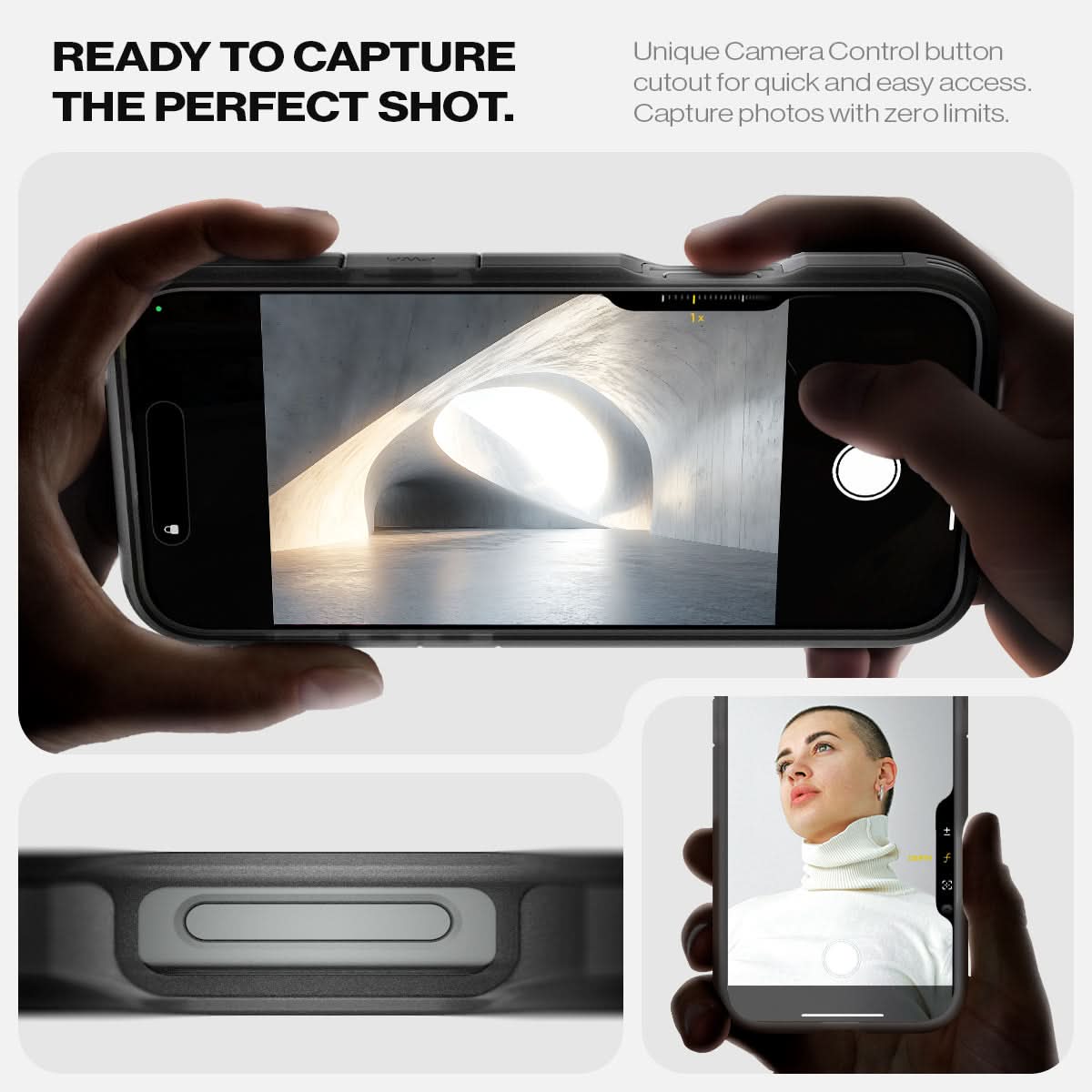 ACS08509 - iPhone 16 Pro Case Tough Armor AI (MagFit) in Frost Black ready to capture the perfect shot. Unique camera a control button cutout for quick and easy access capture photos with zero limits.
