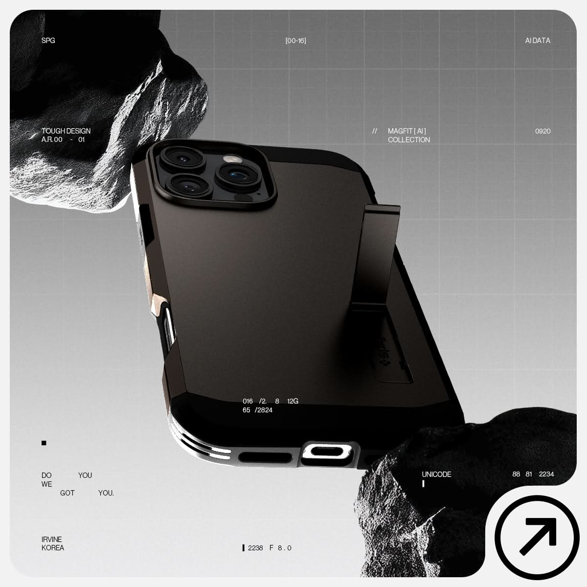 ACS08012 - iPhone 16 Pro Max Case Tough Armor AI (MagFit) in Gunmetal has tough design and showing between the rock.