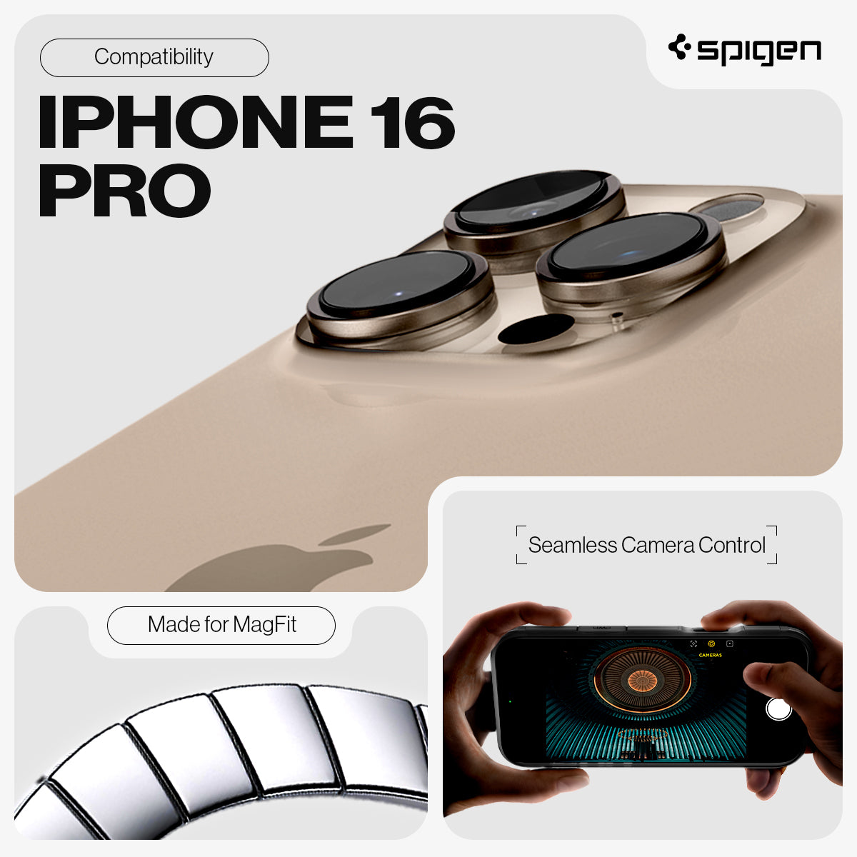 ACS09072 - iPhone 16 Pro Case Tough Armor T AI (MagFit) in Frost Black showing the compatibility. Only compatible with iPhone 16 Pro. Made for MagFit with Seamless Camera Control