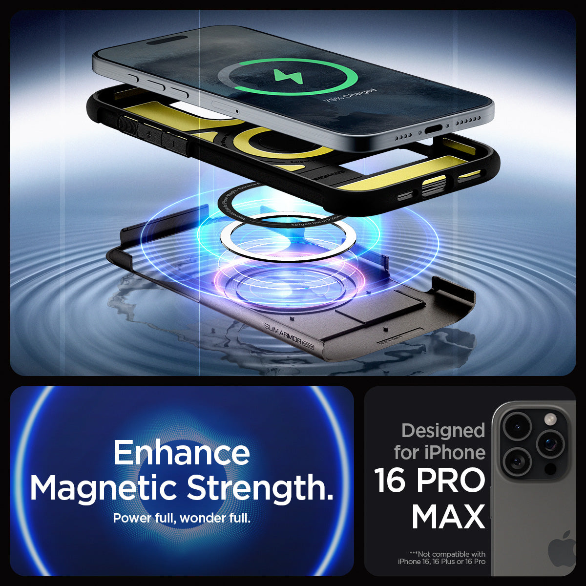 ACS08033 - iPhone 16 Pro Max Case Slim Armor (MagFit) in Gunmetal showing the enhanced magnetic strength. Designed only for iPhone 16 Pro Max not compatible with iPhone 16|16+|16 Pro