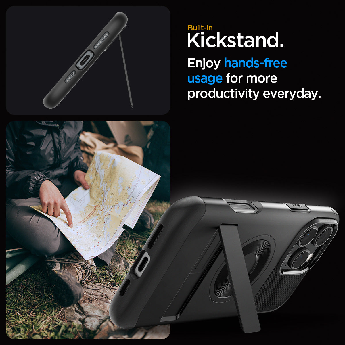 ACS08034 - iPhone 16 Pro Max Case Slim Armor (MagFit) in Black showing the built-in kickstand. Enjoy hands-free usage for more productivity everyday