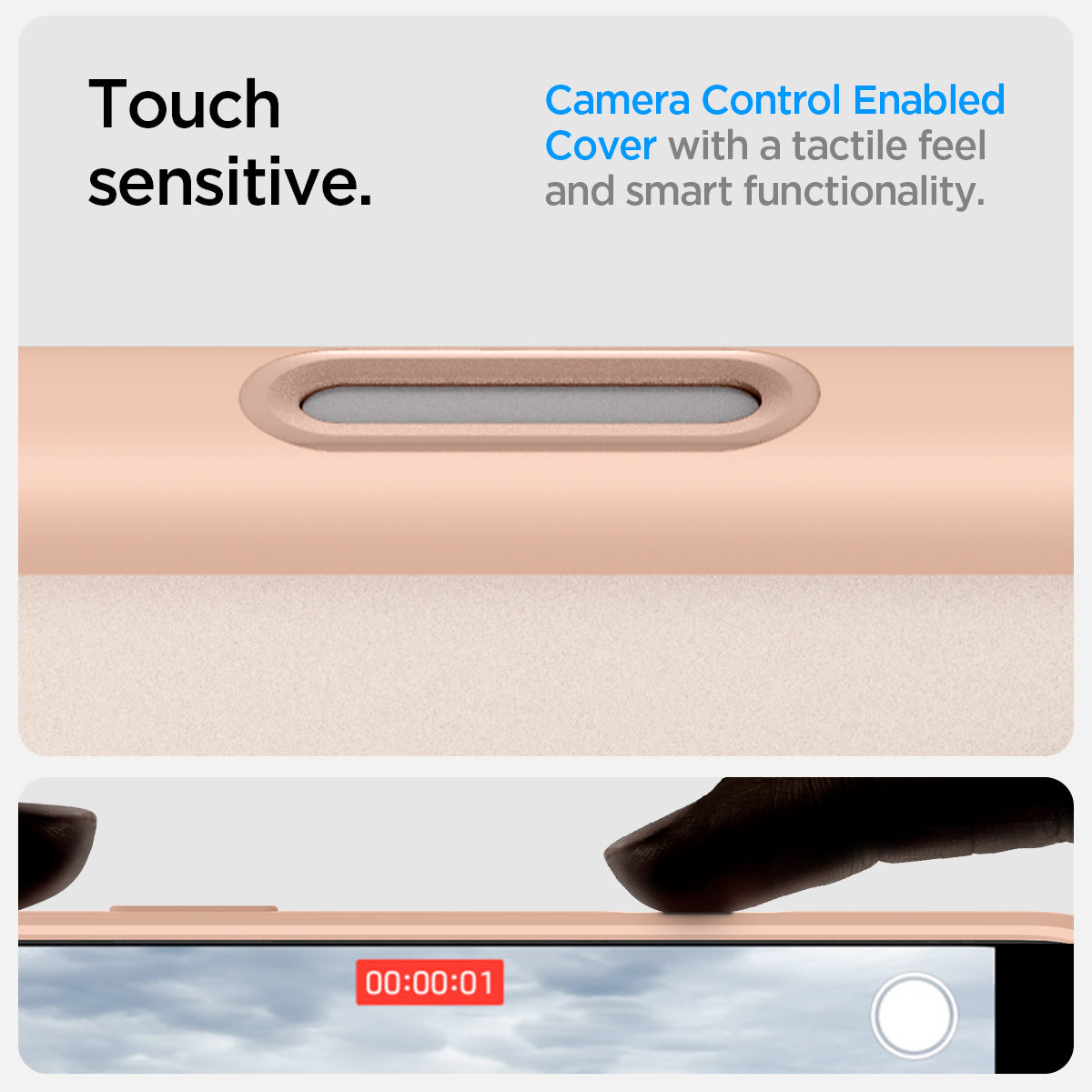 ACS09069 - iPhone 16 Pro Max Case Ultra Hybrid T (MagFit + Camera Control) in Frost Rose Titanium showing the touch sensitive, camera control enabled cover with a tactile feel and smart functionality