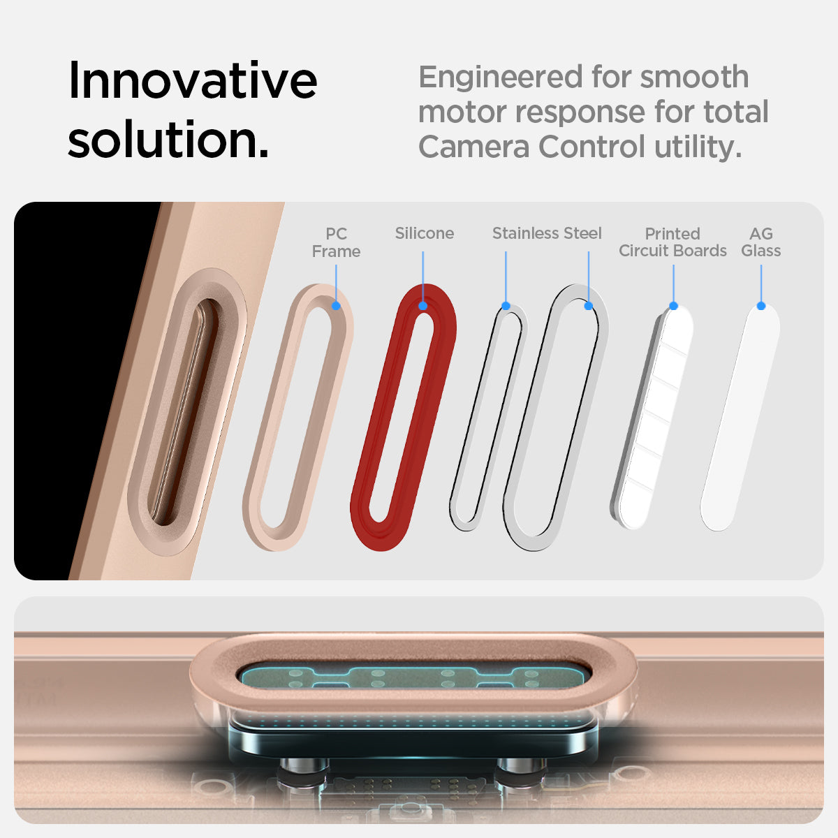 ACS09069 - iPhone 16 Pro Max Case Ultra Hybrid T (MagFit + Camera Control) in Frost Rose Titanium showing the innovative solution, engineered for smooth motor response for total camera control utility, parts of the button: PC Frame, Silicone, Stainless Steel, Printed Circuit Boards and AG Glass