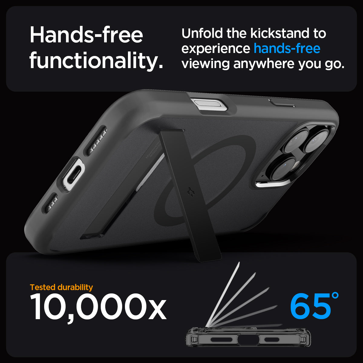 ACS08377 - iPhone 16 Pro Max Case Ultra Hybrid S (MagFit) in Frost Black hands free functionality. Unfold the kickstand to experience hands free viewing anywhere you go. tested durability 10,000x
