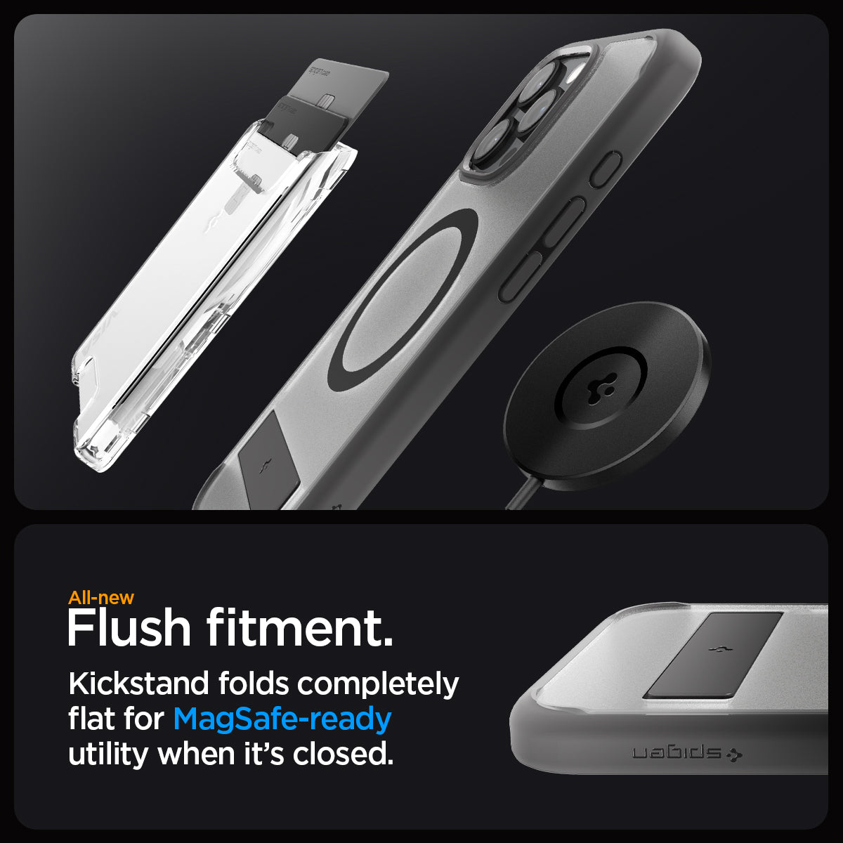 ACS08378 - iPhone 16 Pro Max Case Ultra Hybrid S (MagFit) in Frost Gray all new flush fitment. Kick stand folds completely flat for mag safe ready utility when it's closed.