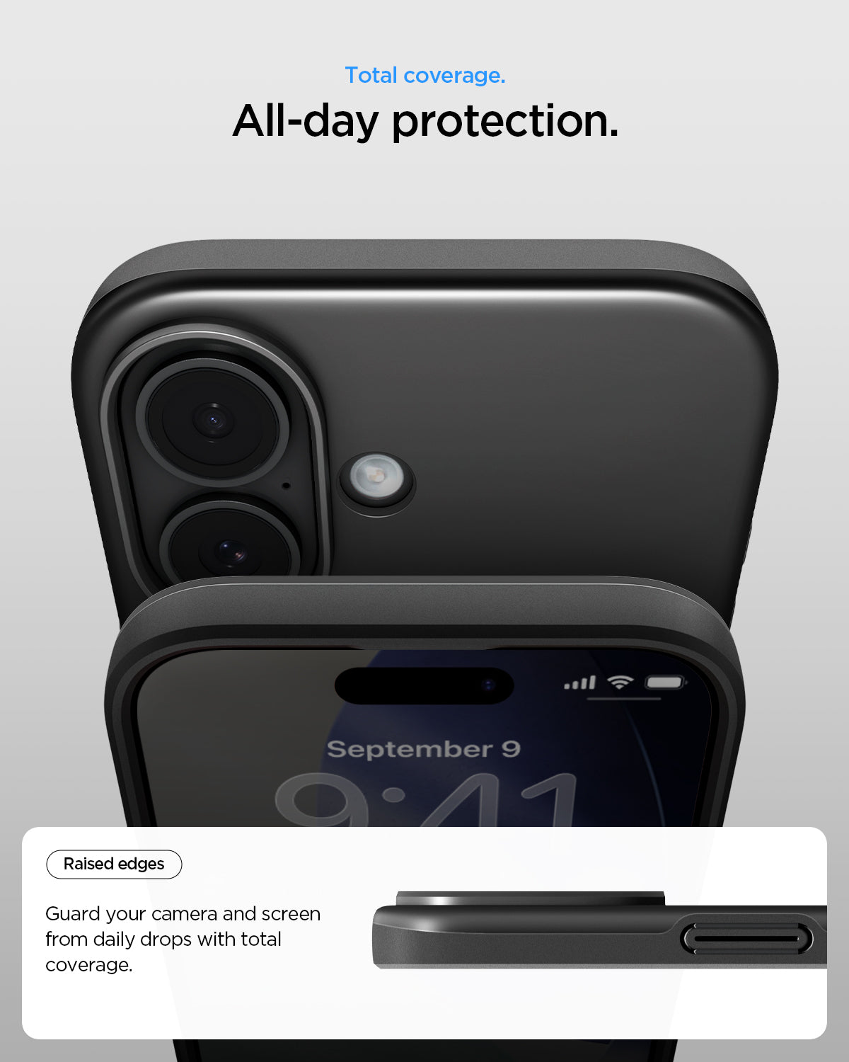 ACS09969 - iPhone 17 Thin Fit (MagFit) in Black showing total coverage. All day protection. Raised edges. guard your camera and screen from daily drops with total coverage.