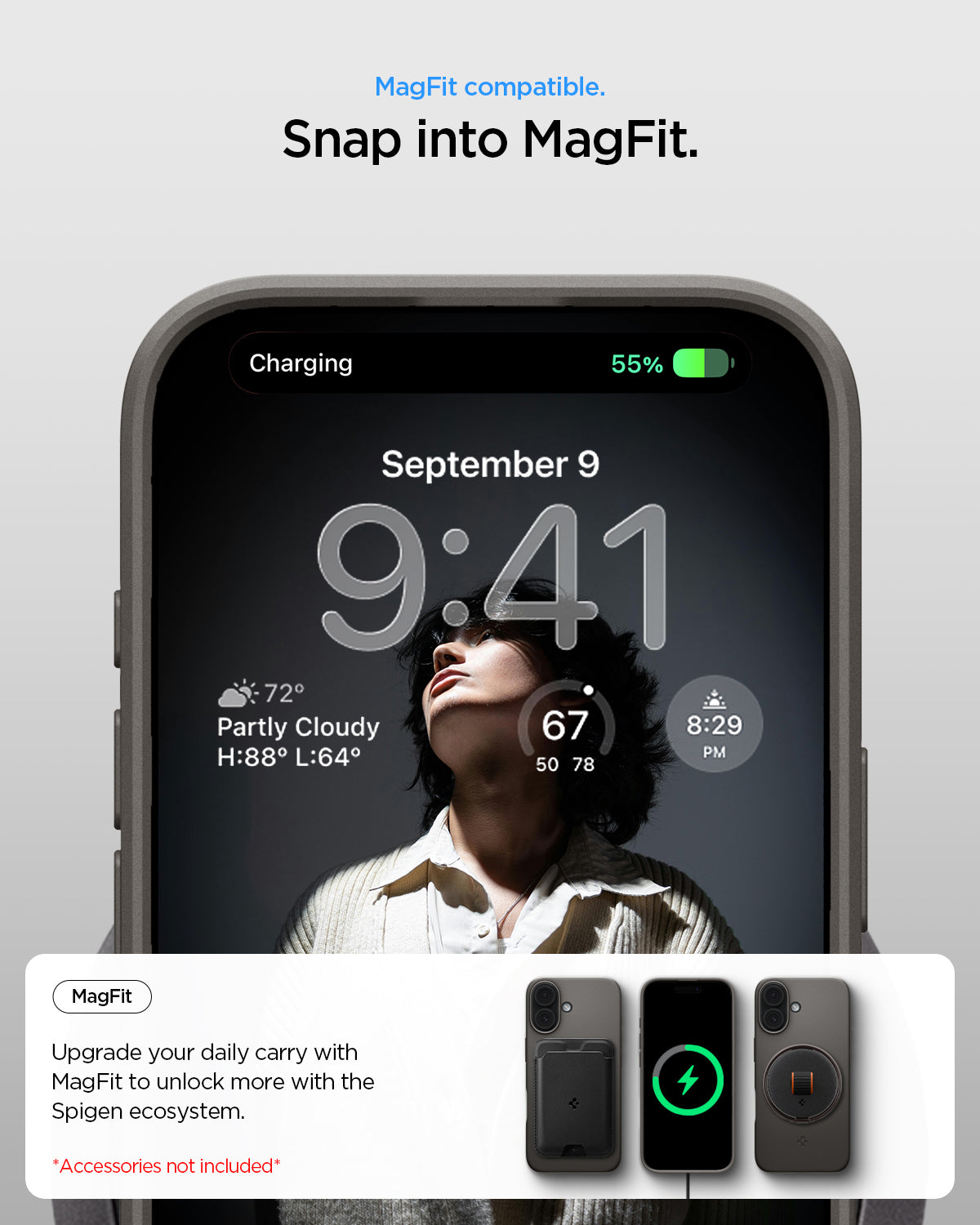 ACS09971 - iPhone 17 Thin Fit (MagFit) in Gunmetal showing magfit compatible. snap into magfit. upgrade your daily carry with magfit to unlock more with the spigen ecosystem