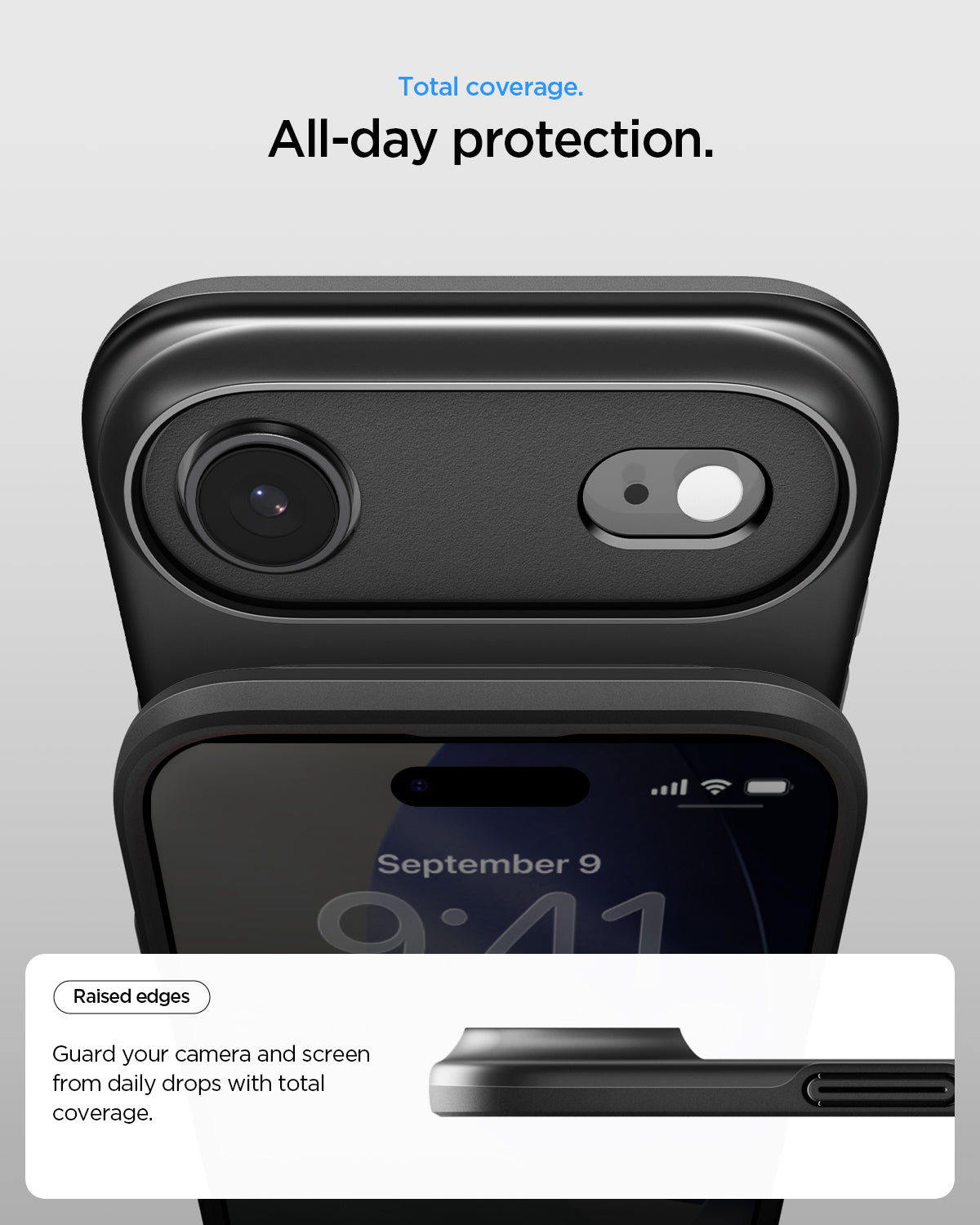 ACS09916 - iPhone 17 Air Thin Fit (MagFit) in Black showing total coverage. All day protection. Raised edges. guard your camera and screen from daily drops with total coverage.