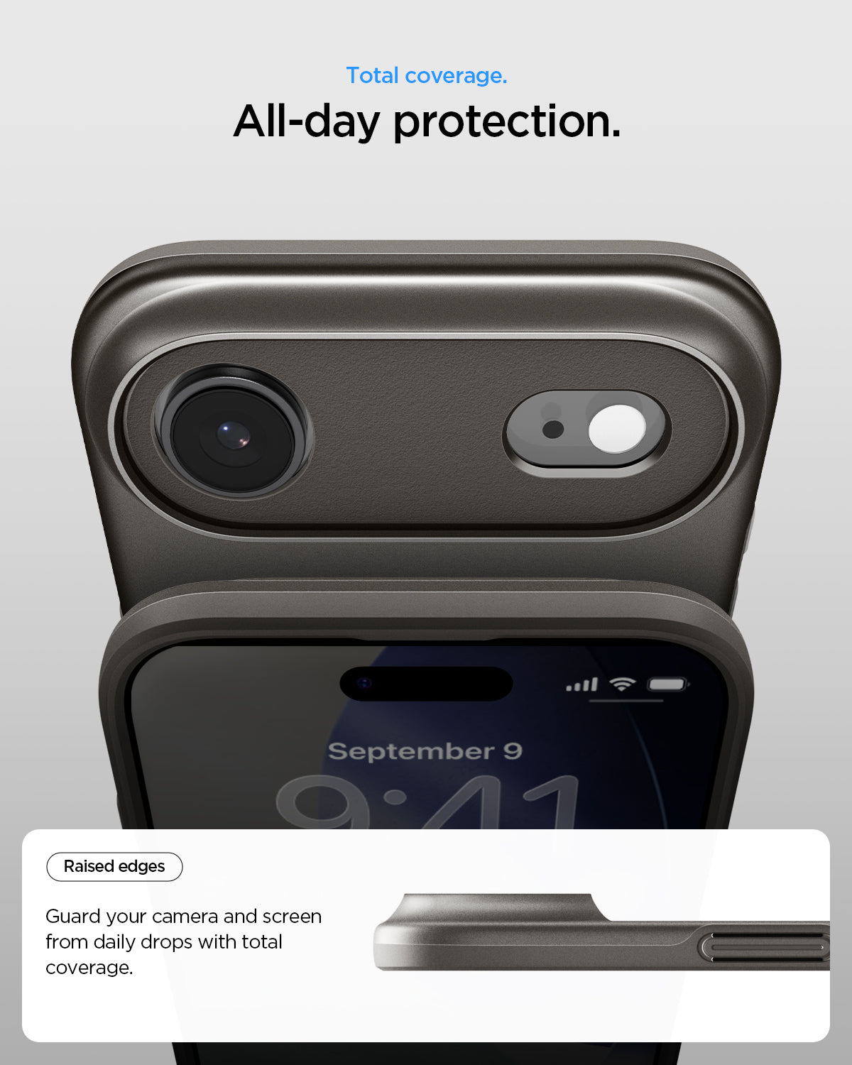 ACS09918 - iPhone 17 Air Thin Fit (MagFit) in Gunmetal showing total coverage. All day protection. Raised edges. guard your camera and screen from daily drops with total coverage.