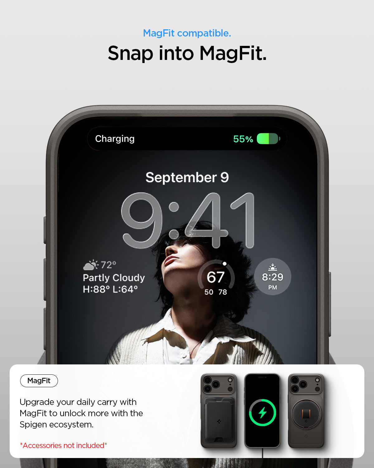 ACS09936 - iPhone 17 Pro Thin Fit (MagFit) in Gunmetal showing magfit compatible. snap into magfit. upgrade your daily carry with magfit to unlock more with the spigen ecosystem