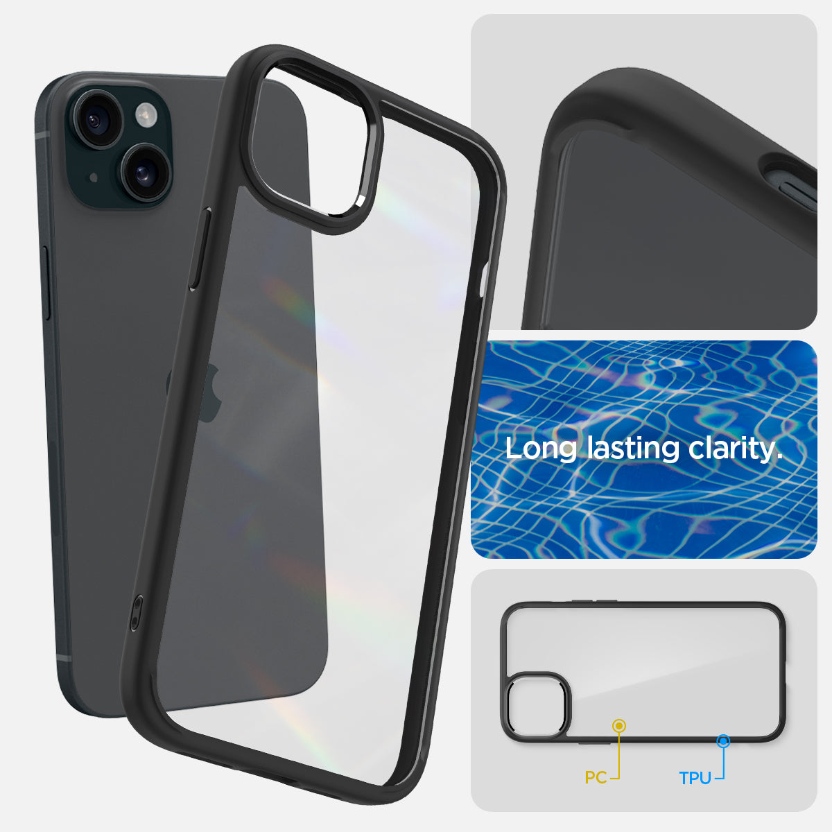 ACS06799 - iPhone 15 Case Ultra Hybrid in matte black showing the long lasting clarity