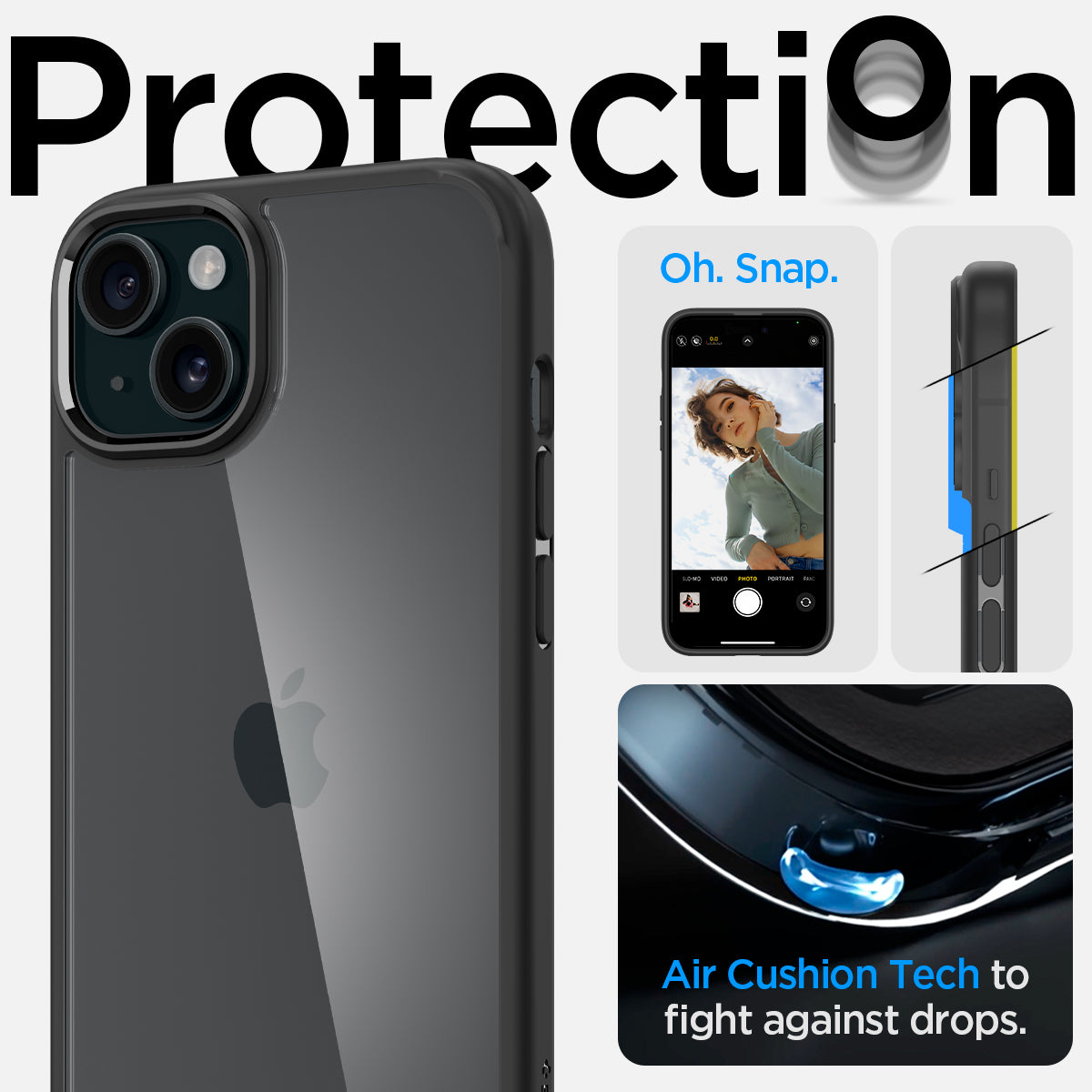 ACS06799 - iPhone 15 Case Ultra Hybrid in matte black showing the air cushion tech to fight against drops