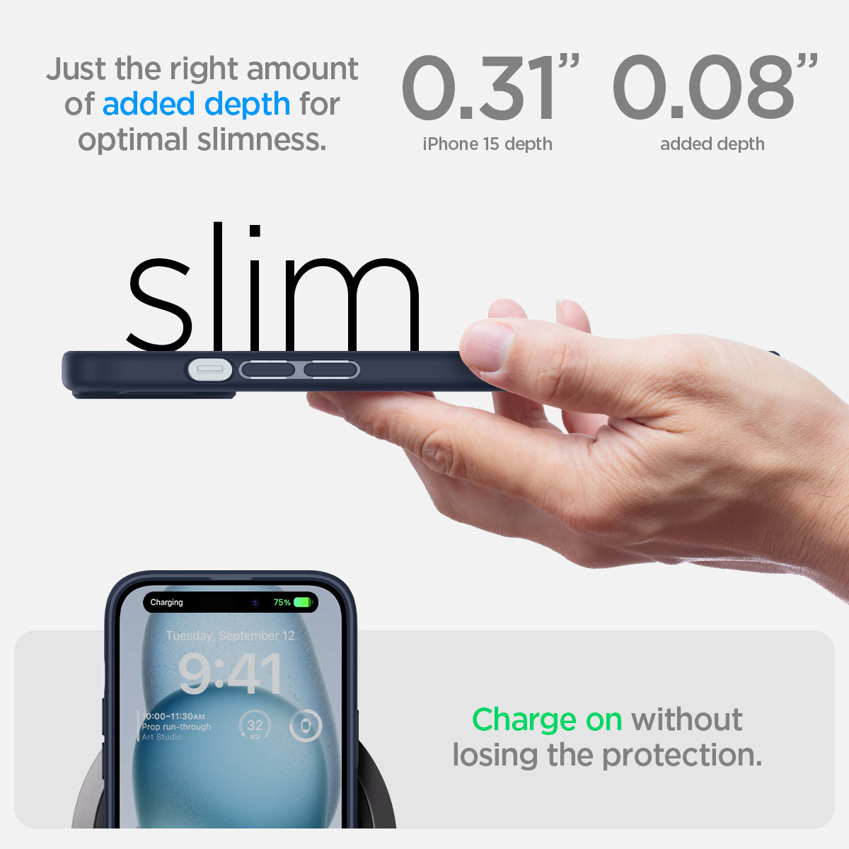 ACS06801 - iPhone 15 Case Ultra Hybrid in navy blue showing the right amount of added depth for optimal slimness. 0.31" iPhone 15 Plus depth | 0.08" added depth. Charge on without losing the protection