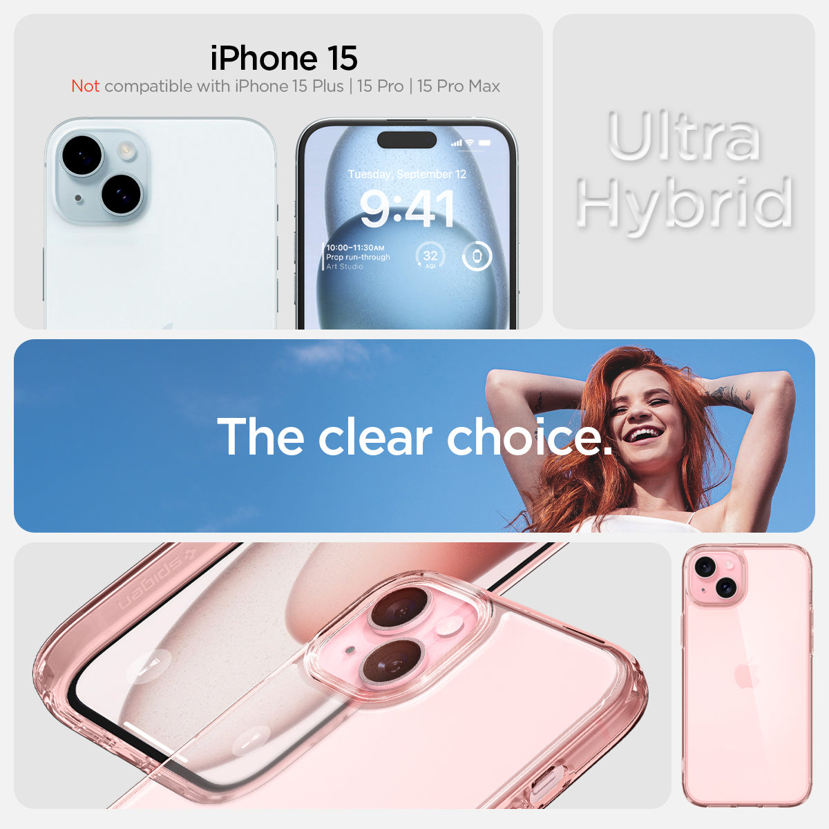 ACS06795 - iPhone 15 Case Ultra Hybrid in rose crystal showing the compatibility only with iPhone 15. Not compatible with iPhone 15 Plus | 15 Pro | 15 Pro Max