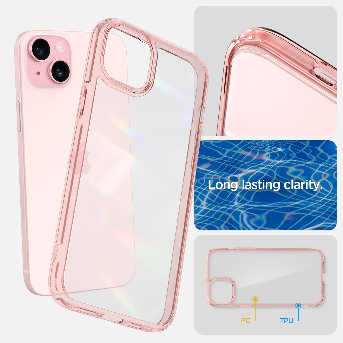 ACS06795 - iPhone 15 Case Ultra Hybrid in rose crystal showing the long lasting clarity