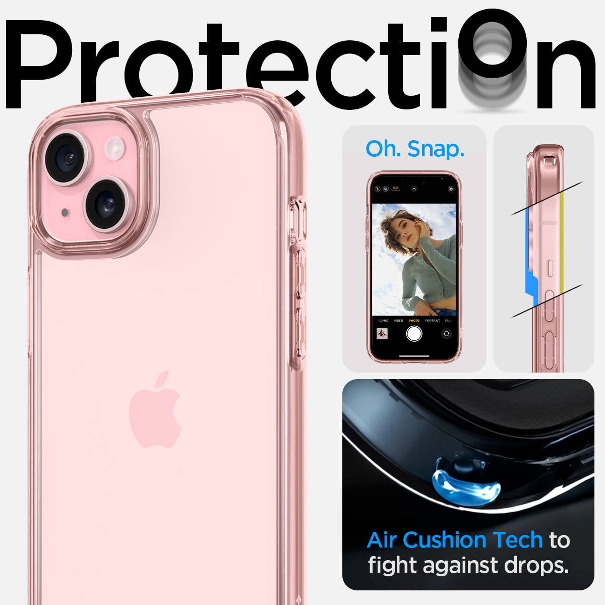 ACS06795 - iPhone 15 Case Ultra Hybrid in rose crystal showing the air cushion tech to fight against drops