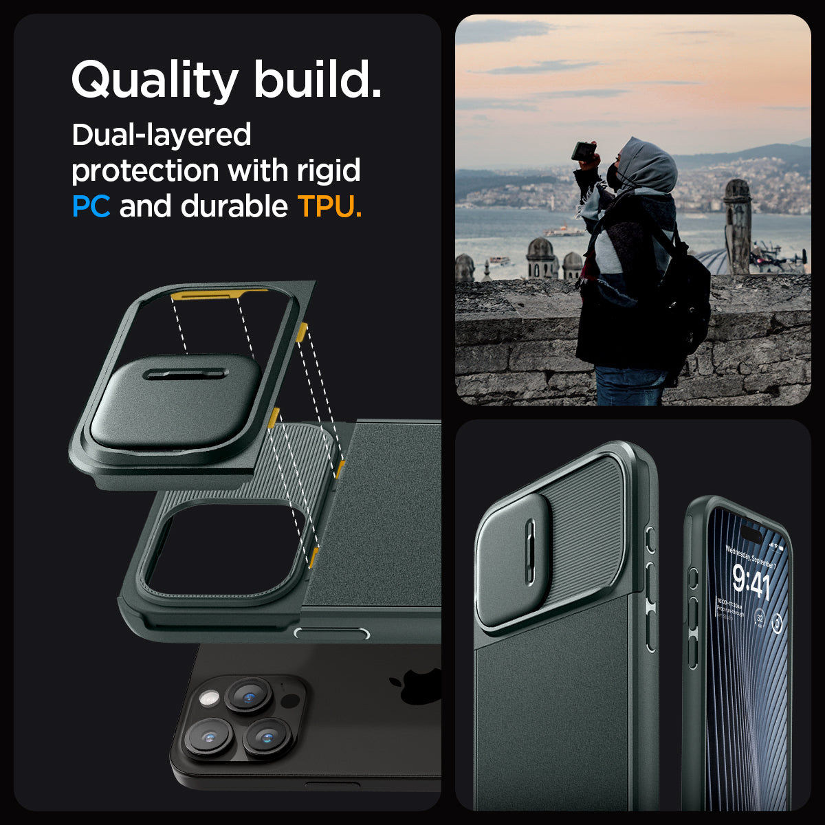 ACS06739 - iPhone 15 Pro Case Optik Armor (MagFit) in abyss green quality build. dual layered protection with rigid PC and durable TPU.