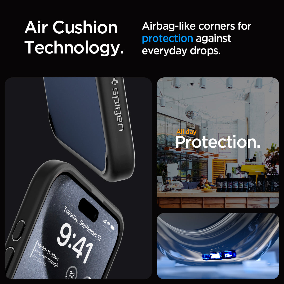 ACS06713 - iPhone 15 Pro Case Ultra Hybrid in matte black showing the air cushion technology. Airbag-like corners for protection against everyday drops