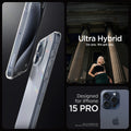 ACS06707 - iPhone 15 Pro Case Ultra Hybrid in crystal clear showing the compatibility only with iPhone 15 Pro. Not compatible with iPhone 15, 15 Plus or 15 Pro Max