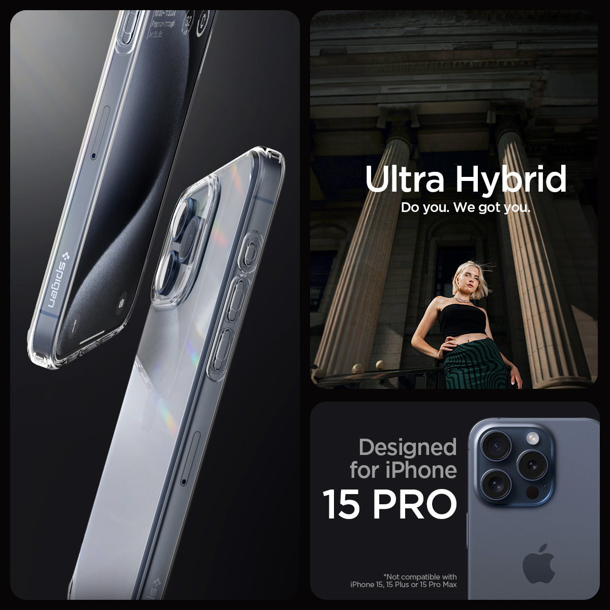 ACS06707 - iPhone 15 Pro Case Ultra Hybrid in crystal clear showing the compatibility only with iPhone 15 Pro. Not compatible with iPhone 15, 15 Plus or 15 Pro Max