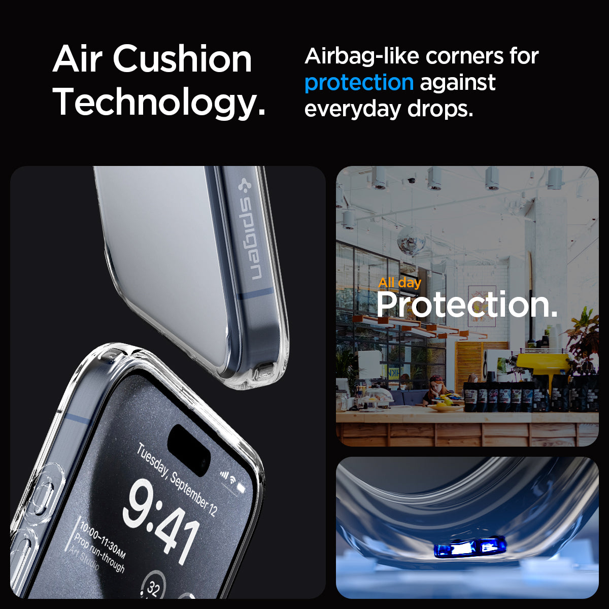 ACS06707 - iPhone 15 Pro Case Ultra Hybrid in crystal clear showing the air cushion technology. Airbag-like corners for protection against everyday drops