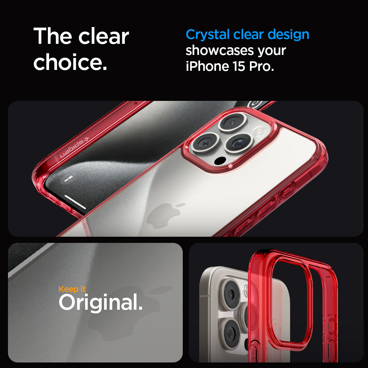 ACS07055 - iPhone 15 Pro Case Ultra Hybrid in red crystal showing the clear choice. Crystal clear design showcases your iPhone 15 Pro