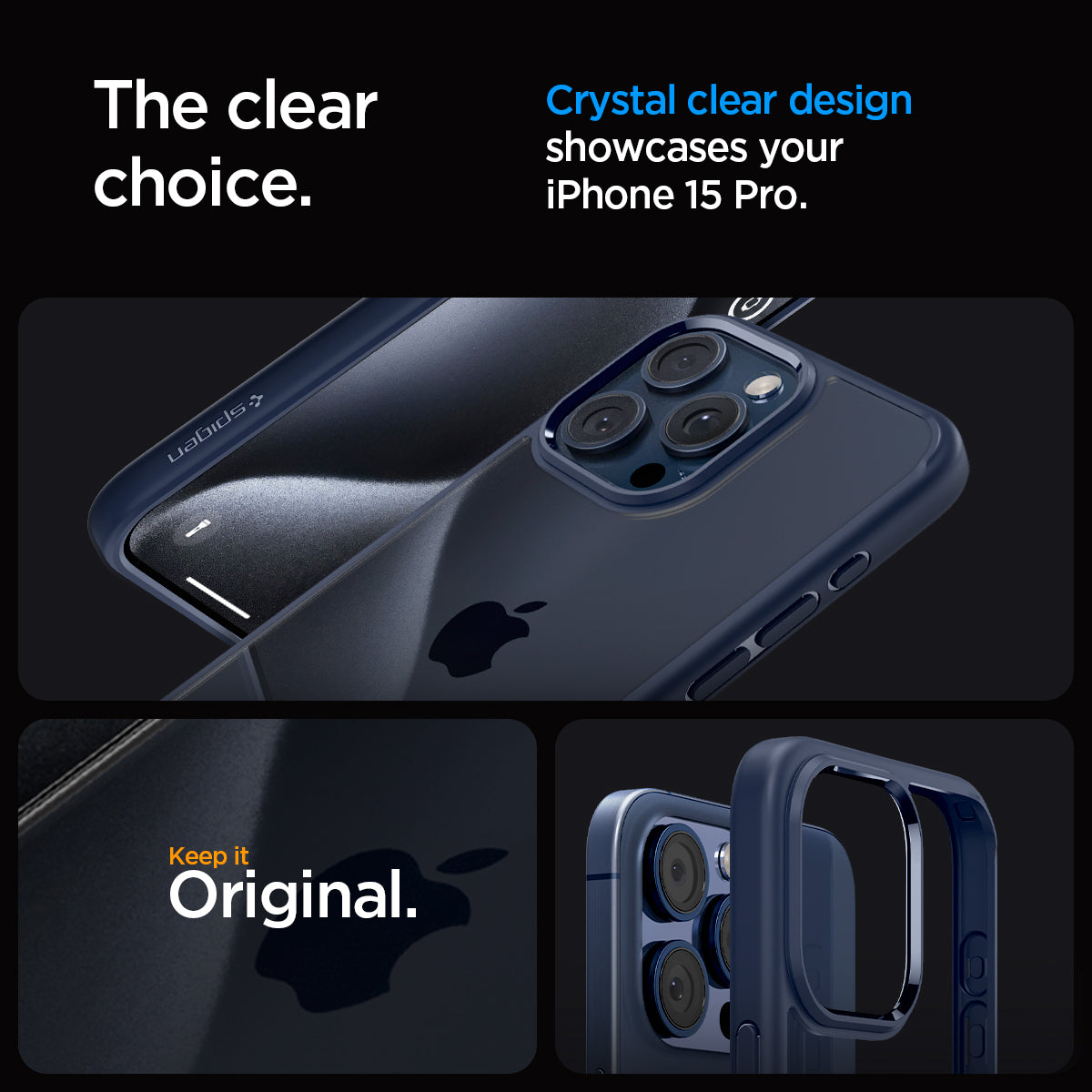 ACS06711 - iPhone 15 Pro Case Ultra Hybrid in navy blue showing the clear choice. Crystal clear design showcases your iPhone 15 Pro