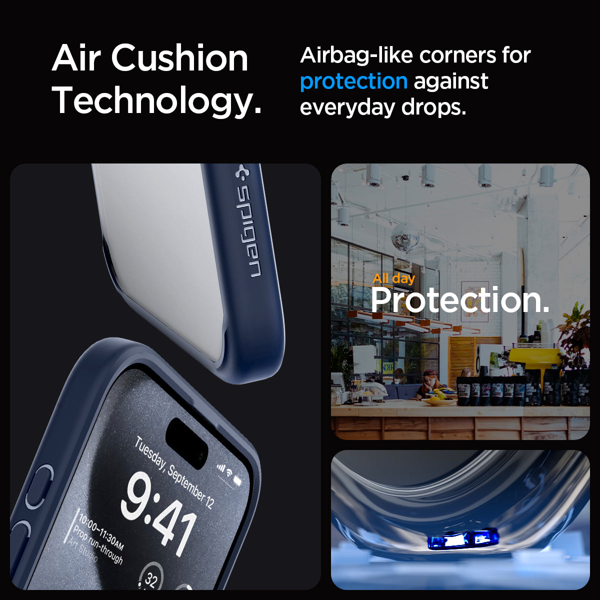 ACS06711 - iPhone 15 Pro Case Ultra Hybrid in navy blue showing the air cushion technology. Airbag-like corners for protection against everyday drops