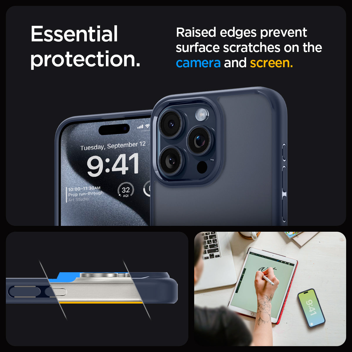 ACS06711 - iPhone 15 Pro Case Ultra Hybrid in navy blue showing the essential protection. Raised edges prevent surface scratches on the camera