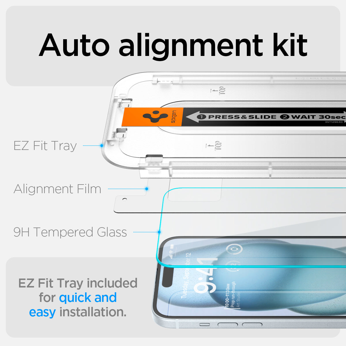 AGL06883 - iPhone 15 Plus Screen Protector EZ FIT GLAS.tR (Sensor Protection) auto alignment kit. EZ Fit tray, Alignment film, 9H tempered glass, EZ fit tray included for quick and easy installation.