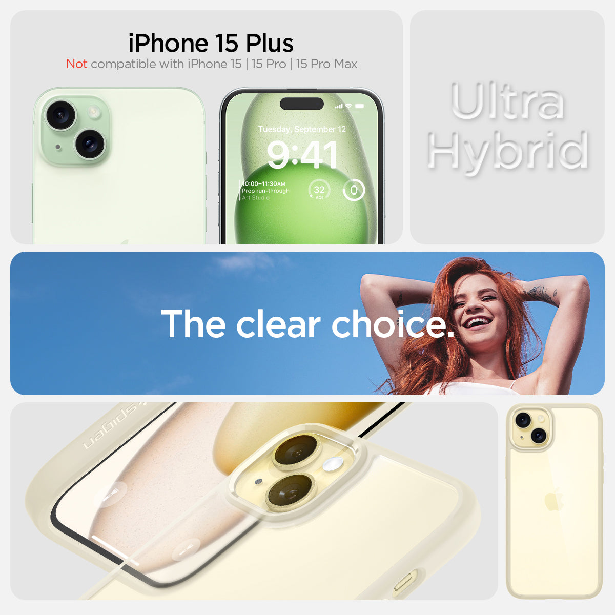 ACS06658 - iPhone 15 Plus Case Ultra Hybrid in mute beige showing the compatibility only with iPhone 15 Plus. Not compatible with iPhone 15 | 15 Pro | 15 Pro Max