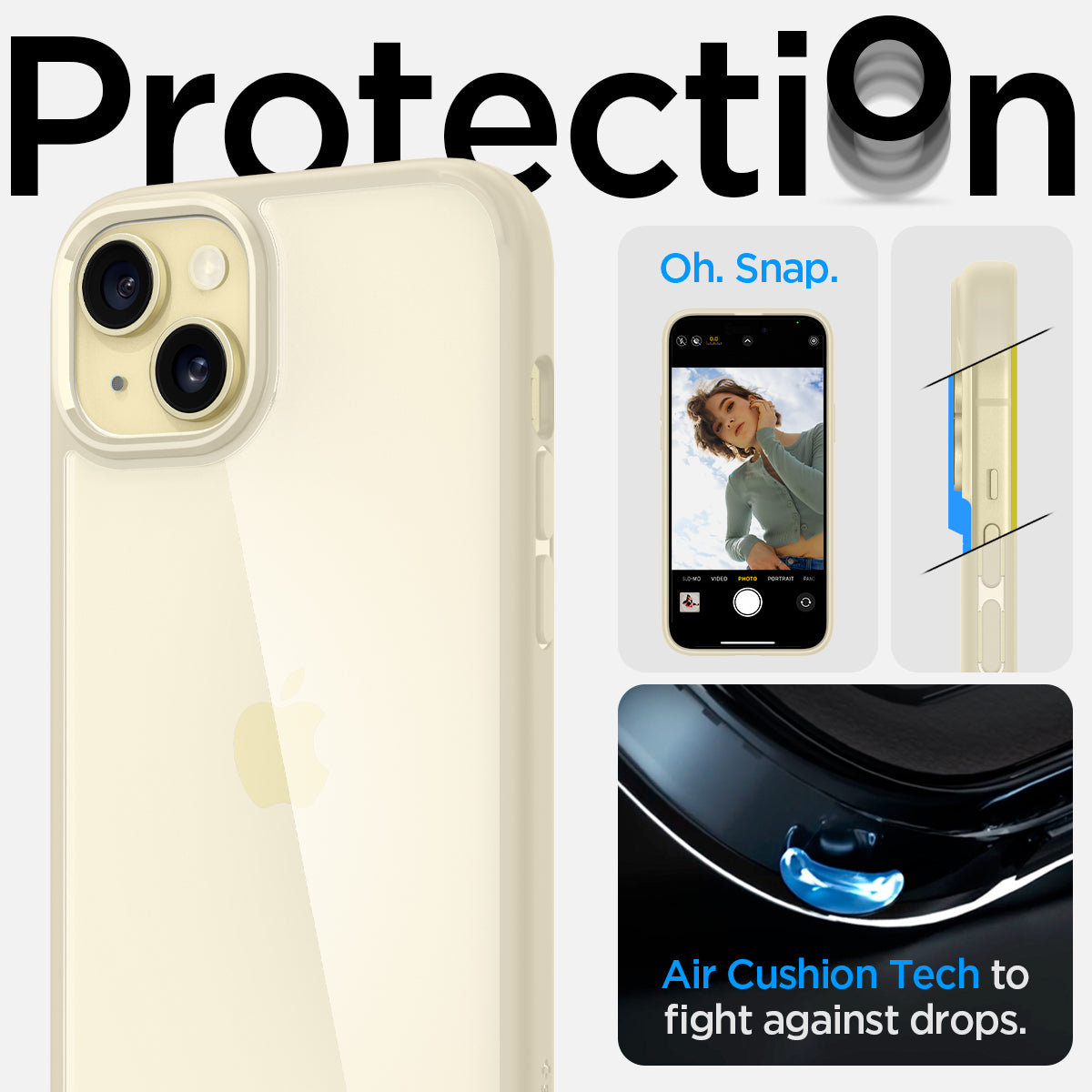 ACS06658 - iPhone 15 Plus Case Ultra Hybrid in mute beige showing the air cushion tech to fight against drops