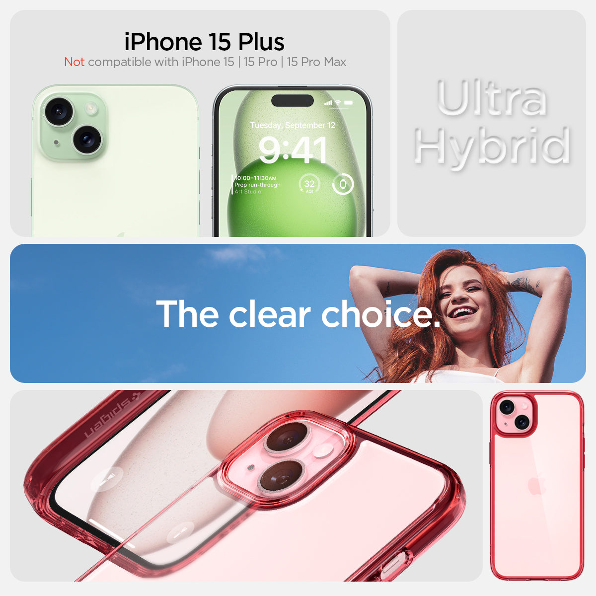 ACS06654 - iPhone 15 Plus Case Ultra Hybrid in red crystal showing the compatibility only with iPhone 15 Plus. Not compatible with iPhone 15 | 15 Pro | 15 Pro Max