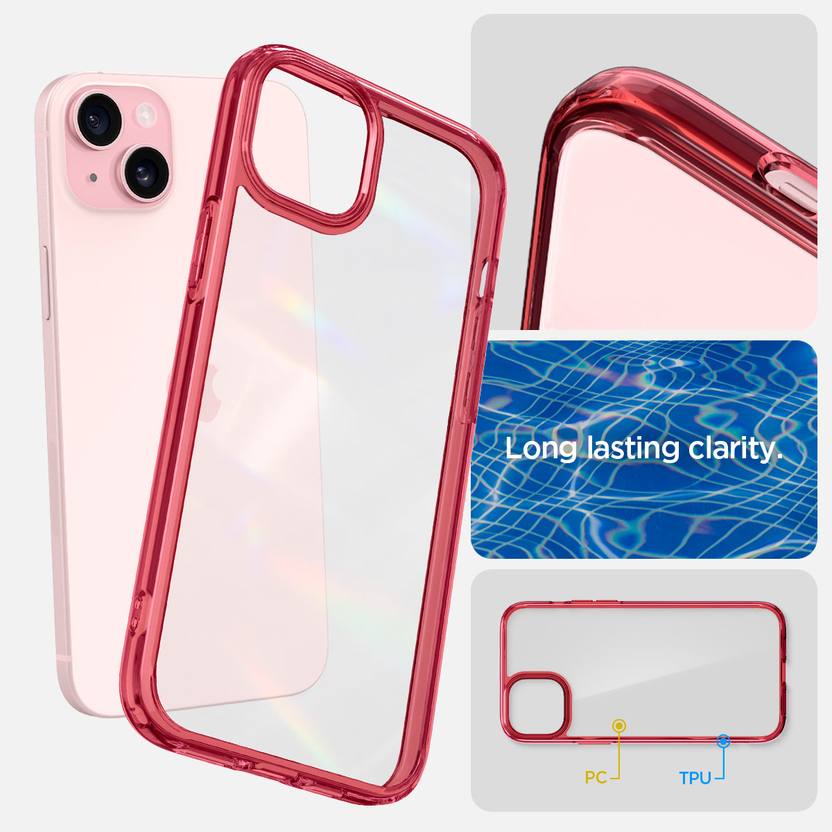 ACS06654 - iPhone 15 Plus Case Ultra Hybrid in red crystal showing the long lasting clarity
