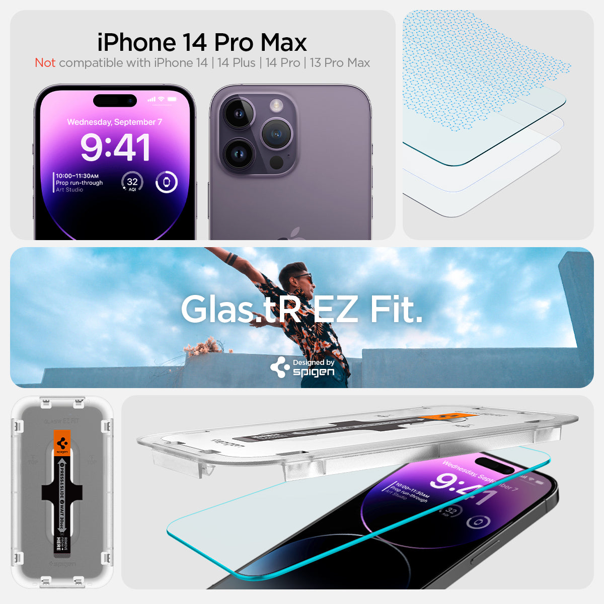 AGL05202 - iPhone 14 Pro Max Screen Protector EZ FIT GLAS.tR (Sensor Protection) showing designed by spigen