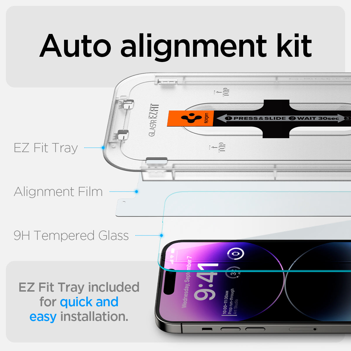 AGL05202 - iPhone 14 Pro Max Screen Protector EZ FIT GLAS.tR (Sensor Protection) showing auto alignment kit. EZ fit tray, alignment film 9H tempered glass. EZ fit tray included for quick and easy installation