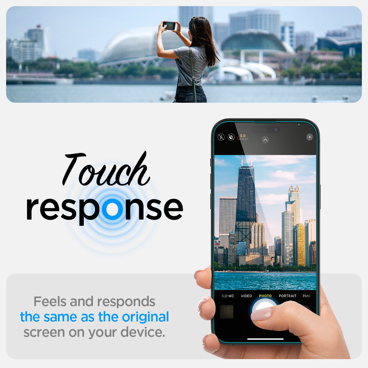 AGL05202 - iPhone 14 Pro Max Screen Protector EZ FIT GLAS.tR (Sensor Protection) showing touch response. Feels and responds the same as the original screen on your device.