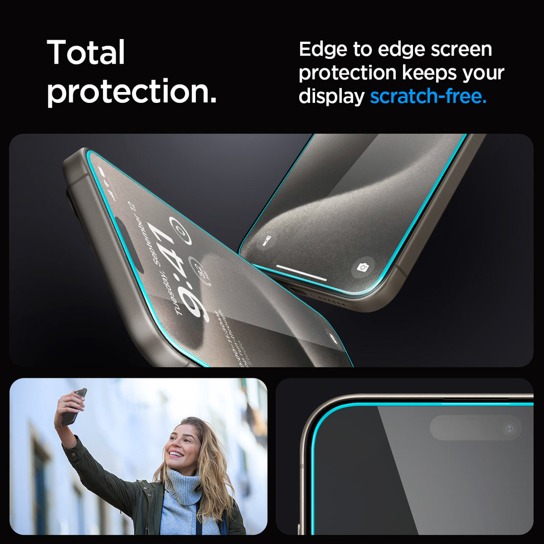 AGL06872 - iPhone 15 Pro Max Screen Protector EZ FIT GLAS.tR (Sensor Protection) showing the device, two screen protectors and ez fit tray